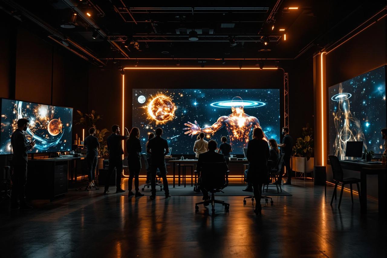 丫丫影视科研团队在现代化暗色调工作室协作，大屏幕显示宇宙可视化画面