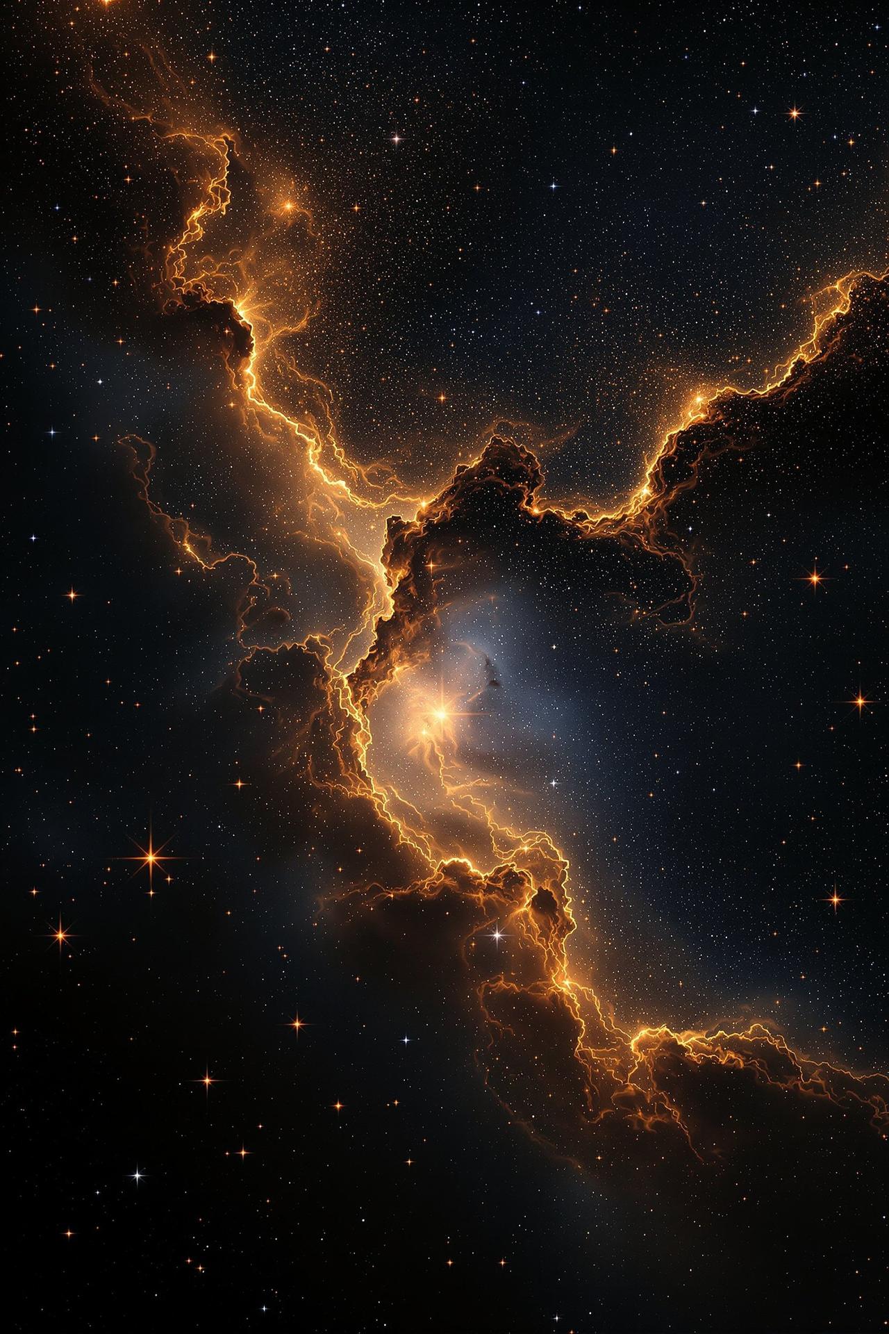 星云之间纪录片海报，金色铜色星云尘埃漩涡